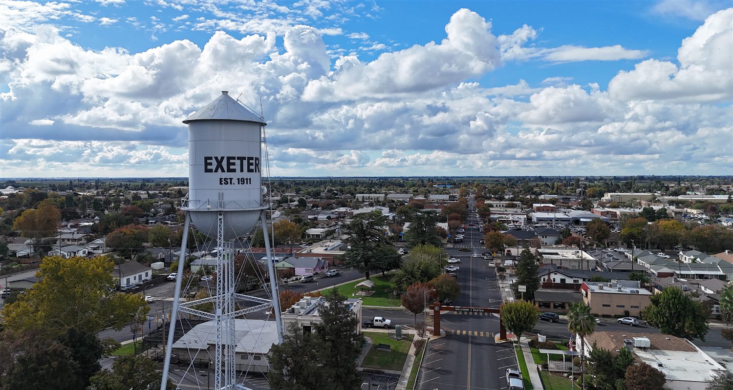 Aerial view of downtown Exeter, California and its historic 1911 water tower
